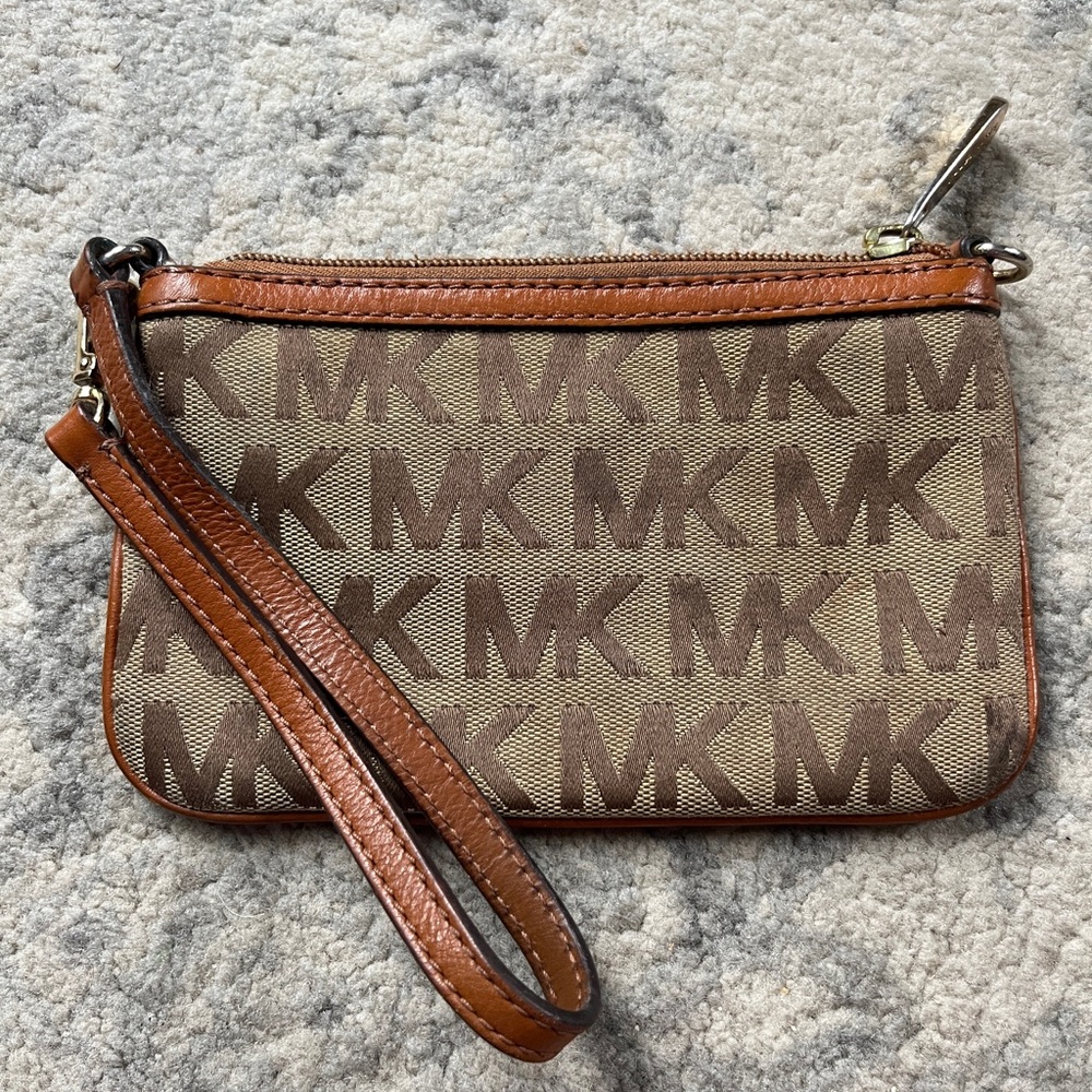 Michael Kors Bags | Mk Monogram Logo Jacquard Jet Set Brown Wristlet